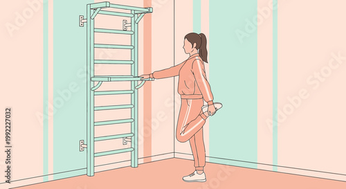 Woman Stretching Quadriceps on Swedish Wall Bars in Gym