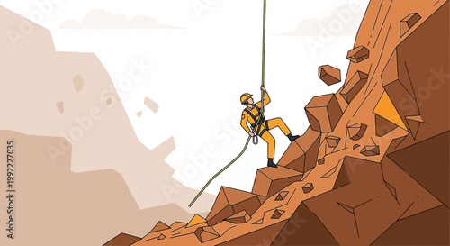 Rock Climber Ascends Steep Mountain Face with Rope, Extreme Sports Adventure