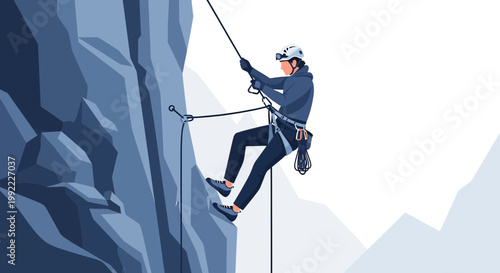 Rock Climber Rappelling Down Steep Cliff Face, Extreme Sports Adventure