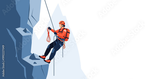 Rock Climber Rappelling Down Steep Mountain Cliff Face with Rope