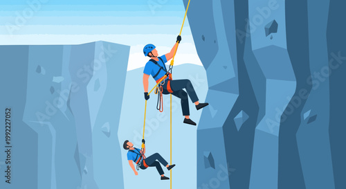 Rock Climbing Duo Rappelling Down Steep Cliff Face, Extreme Sports Adventure