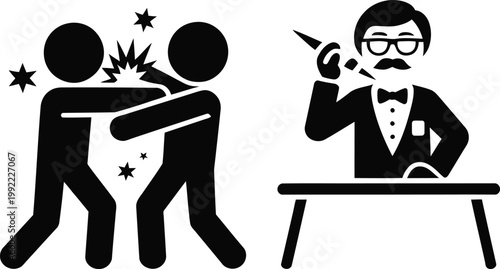 Two figures sparring while a man in a tuxedo observes with a microphone