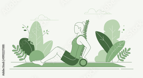 Woman Uses Foam Roller for Back Pain Relief and Muscle Recovery Outdoors