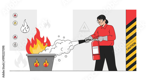 Woman using fire extinguisher to put out flames in bin, fire safety concept