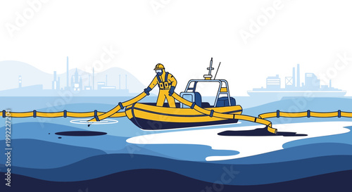 Worker in boat deploys oil spill containment boom in polluted water near industrial plants