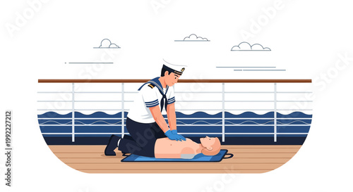 Sailor Performing CPR on Deck, Emergency Medical Aid at Sea