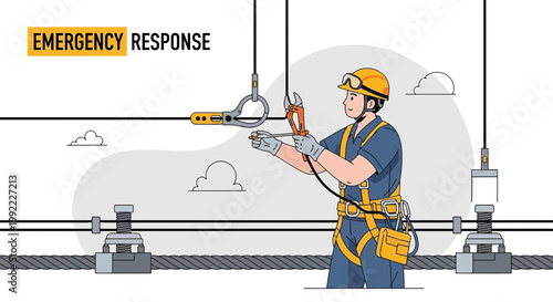 Worker in safety harness performs high-voltage line maintenance, emergency response concept