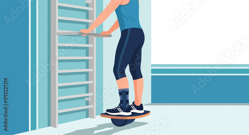 Woman Balancing on Roller Board for Physical Therapy and Rehabilitation Exercise