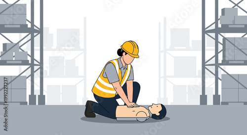 Worker performing CPR on a mannequin in a warehouse, emergency response training