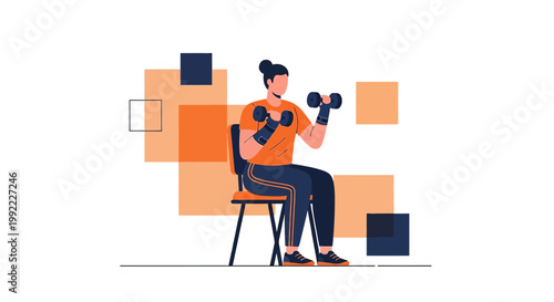 Woman doing bicep curls with dumbbells while sitting on a chair, fitness and exercise
