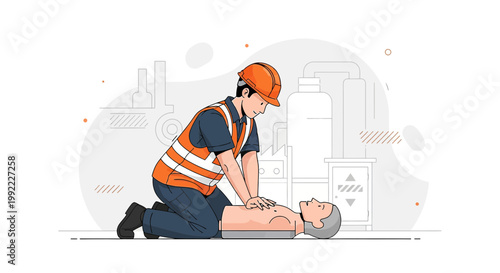 Worker performs CPR on mannequin in industrial setting, safety training concept