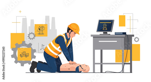 Worker Practicing CPR on Mannequin with Industrial Background and Computer