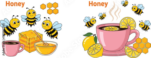 Honey and Bees Vector Illustration Featuring Honeycomb Jar and Cup of Tea with Lemon and Flying Bees for Natural Sweet Food and Beverage Design