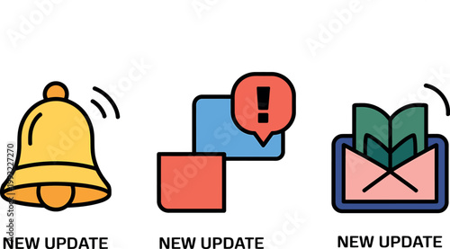 Modern software update notification icons with bell message bubble and envelope symbols for app and vector design.