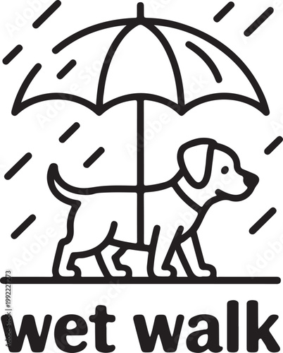 Dog under umbrella in rain with text wet walk vector