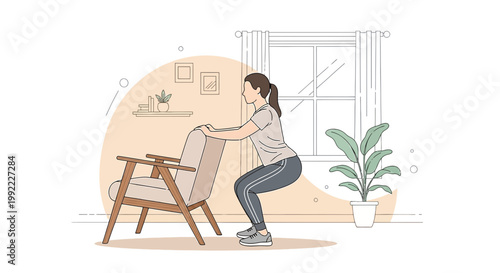 Woman Doing Chair Squats at Home for Fitness and Strength Training