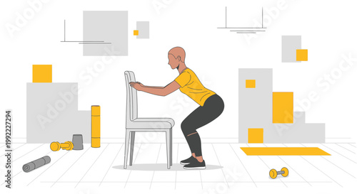Woman doing chair squats for fitness and rehabilitation in a modern home gym