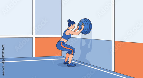 Woman Doing Wall Ball Squat Exercise in Gym