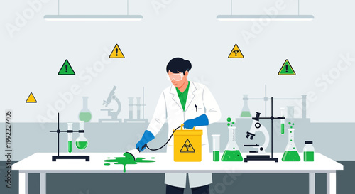 Scientist cleaning chemical spill in laboratory with hazard signs and safety equipment