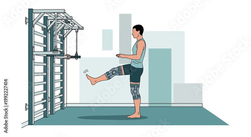 Woman doing leg exercise on a Swedish wall with resistance band