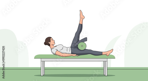 Woman doing leg exercise with Pilates ring on a bench, rehabilitation and fitness