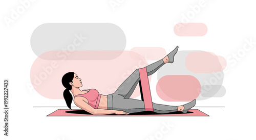 Woman doing leg exercise with resistance band on yoga mat, fitness and workout