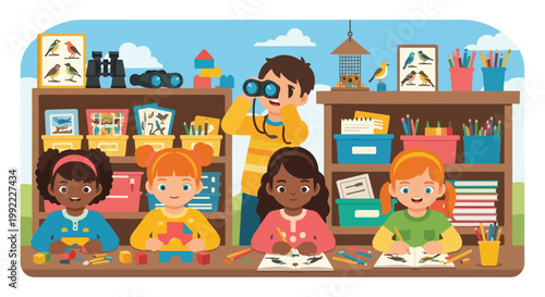 Four diverse young girls engage in creative activities at a table while a boy observes the surroundings through binoculars in a classroom.