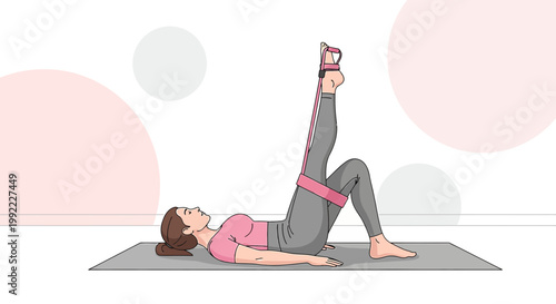 Woman doing leg exercise with resistance band on yoga mat, fitness and rehabilitation