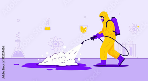 Scientist in Hazmat Suit Sprays Disinfectant Foam on Spilled Chemicals in Laboratory