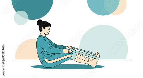 Woman doing leg exercises with resistance band at home, rehabilitation and fitness