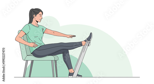 Woman doing leg extension exercise with resistance band while sitting on chair