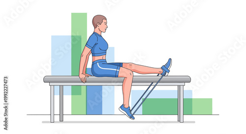 Woman doing leg extension exercise with resistance band on bench, fitness and rehabilitation