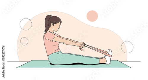 Woman doing leg stretching exercise with resistance band at home