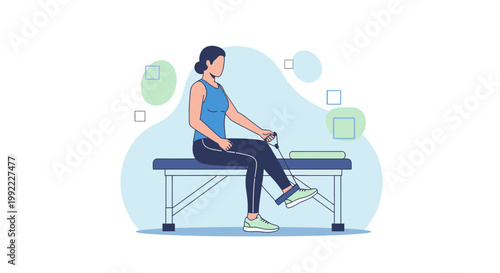 Woman doing leg rehabilitation exercise with resistance band sitting on bench