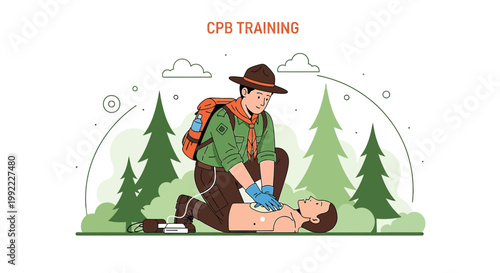 Scout Performs CPR on Person in Forest; Emergency Medical Training Concept