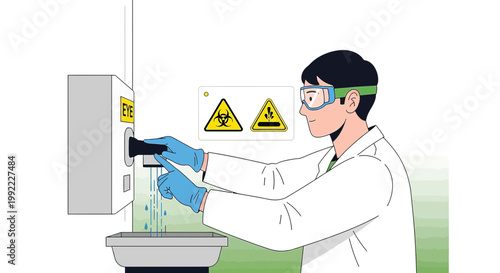 Scientist in Lab Coat Using Hand Sanitizer Station with Biohazard Warning Signs