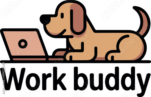 Dog using laptop with work buddy text computer