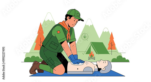 Scout practices CPR on training dummy outdoors with mountains and tent in background