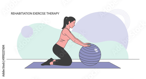 Woman doing rehabilitation exercise therapy with a fitness ball on a yoga mat