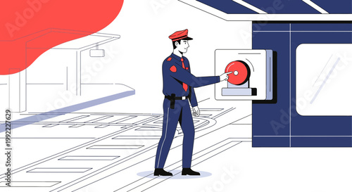 Security Guard Activating Emergency Alarm Button at Train Station Platform