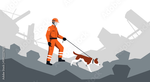 Search and Rescue Worker with Dog in Disaster Rubble