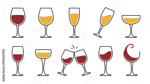 Elegant Wine Glass Line Icon Set  Classic Barware Silhouettes Collection