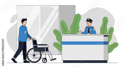Security Guard Assists Person in Wheelchair at Building Entrance