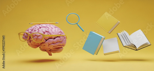Creative Human Brain wearing Glasses with Books and Magnifying Glass for Education, Learning, Research, Knowledge, Intelligence, Mental Health, Psychology