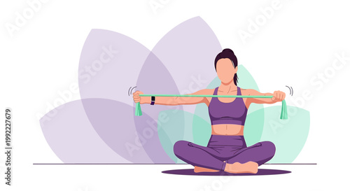 Woman doing resistance band exercise in lotus pose, promoting fitness and wellness