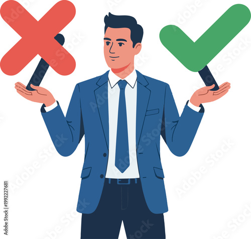Businessman holding cross and check mark signs for decision making, quality control, and evaluation concept vector illustration