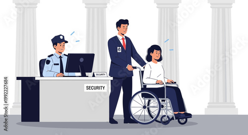 Security Guard Assists Woman in Wheelchair at Building Entrance