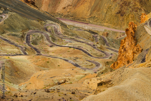 Zigzag road - famously known as jilabi road at old route of Leh to Srinagar Highway, Ladakh, Jammu and Kashmir, India. scenic and popular route through the stunning landscapes of Himalayan mountains.
