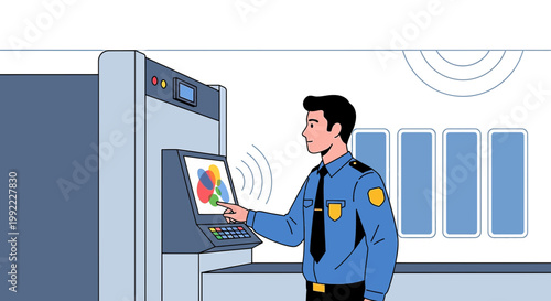 Security guard operating scanner at airport or event checkpoint, screening for safety