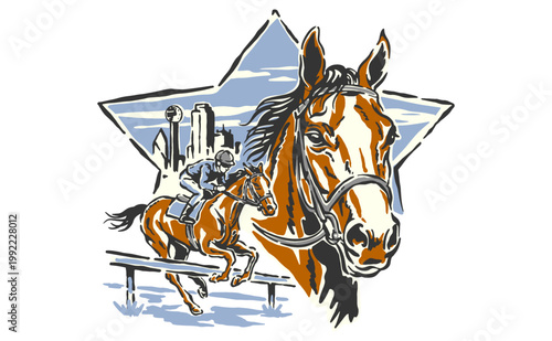 Horse racing illustration with jockey and stallion. Dallas city skyline inside star shape. Vintage sports graphic for t-shirt print and poster.